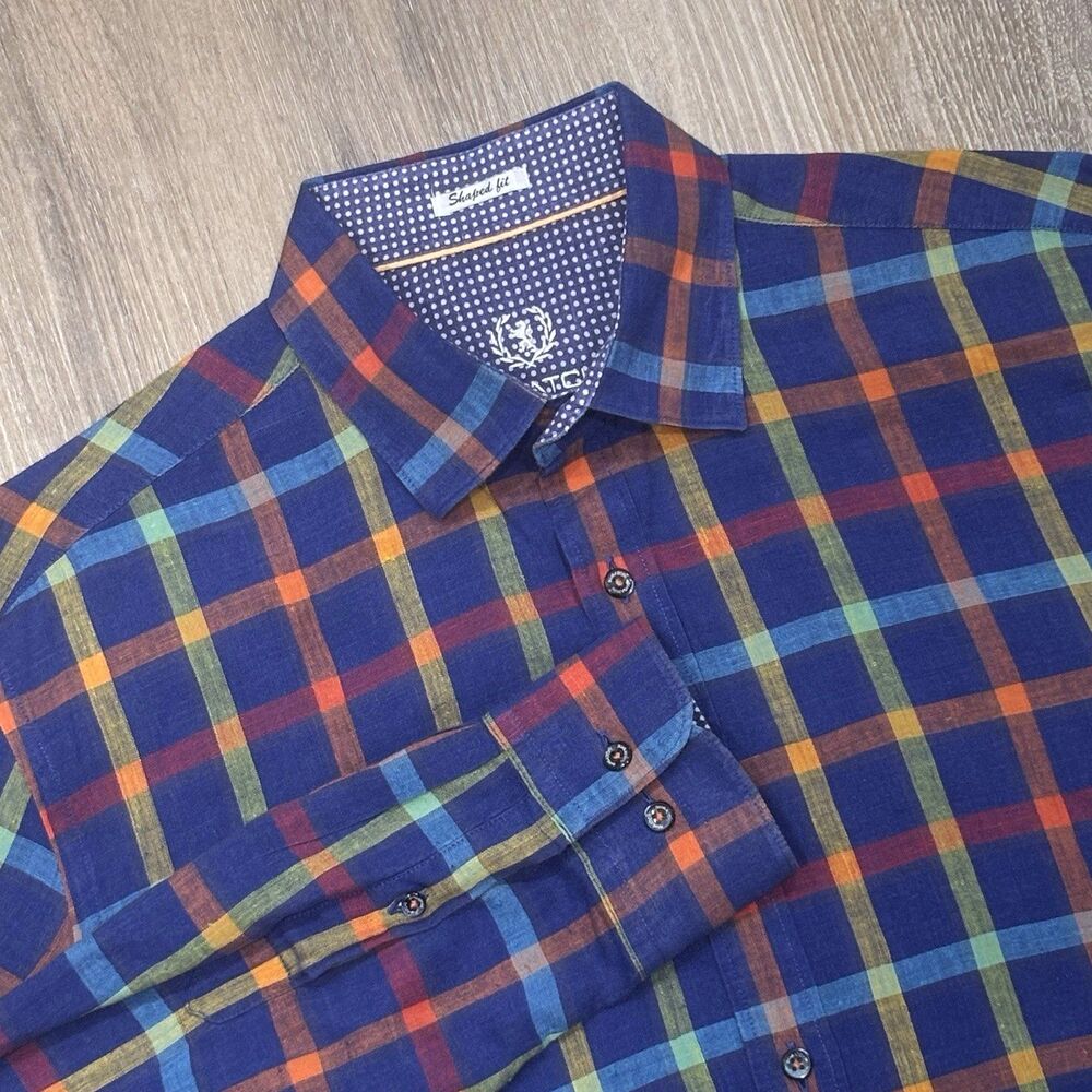 Bugatchi Uomo Shirt Mens Large Plaid 100% Linen Shaped Fit Long Sleeve Blue